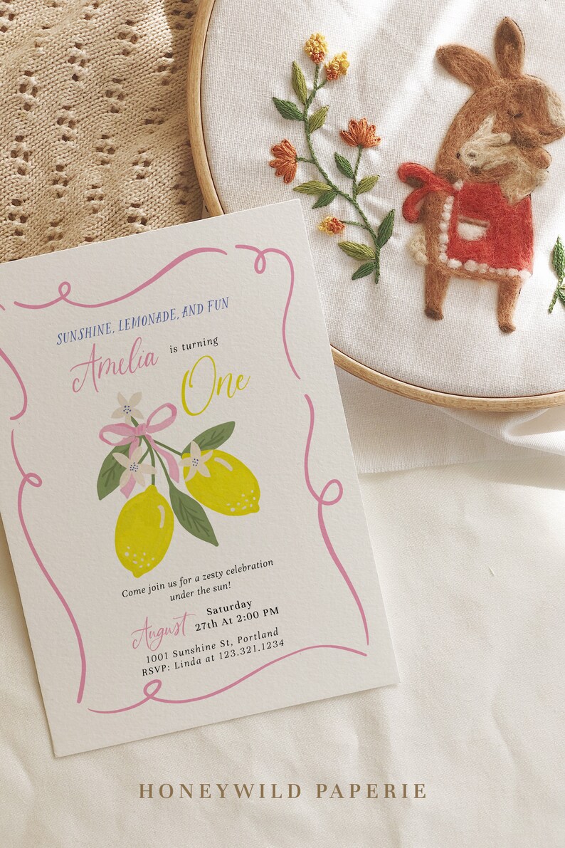 This listing is our Sunshine Lemonade and Fun Birthday Invitation, ideal for your little girls first birthday. It's delightfully designed with a cute pink bow on vibrant lemon motifs, perfectly blending sweetness and zest.