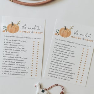 Mommy or Daddy? Guess Who Said It Boho Little Pumpkin Baby Shower Editable Game, Printable Fall Pumpkin Baby Shower Game#FA8
