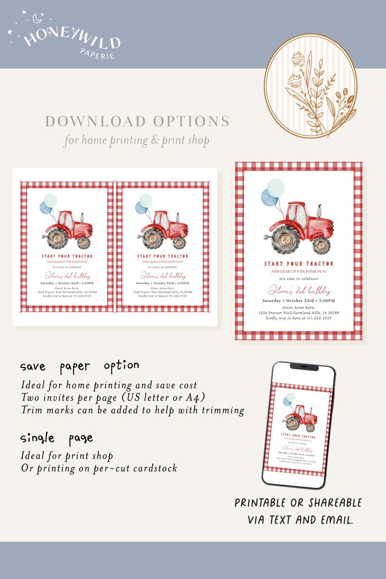 Vroom vroom! Start your tractor and roll into fun with this editable Red Tractor Birthday Invitation – perfect for a boy’s 2nd birthday party! Featuring hand-painted watercolor tractor artwork, gingham border, and playful fonts, this farm-themed template is ideal for your little one’s second birthday bash.