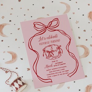 Bow 3rd Birthday Invitation Template | Editable Coquette Pink Girly Bow | Coquette Cake | Preppy Pink Whimsical Birthday Party Invite#YC0