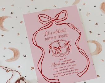 Bow 3rd Birthday Invitation Template | Editable Coquette Pink Girly Bow | Coquette Cake | Preppy Pink Whimsical Birthday Party Invite#YC0