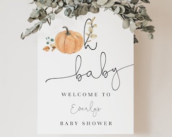 Letrero de bienvenida para baby shower &quot;Oh Baby, Little Pumpkin&quot;, póster de bienvenida con calabaza verde, letrero de bienvenida para baby shower &quot;Oh Boy&quot;, totalmente editable #FA8
