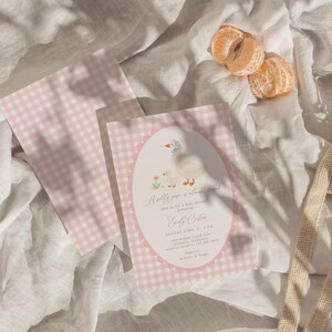 Pink gingham Silly Goose baby shower bundle featuring charming goose and gosling illustrations, soft baby girl colors, and vintage storybook styling. Coordinated girl goose baby shower decor collection with matching invitations, diaper raffle cards, books for baby cards, thank you cards, and printable party templates.