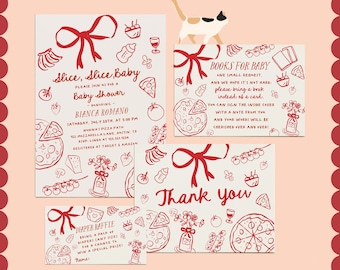 Slice Slice Baby Shower Bundle - Editable Pizza Theme Invite, Book Request, Raffle & Thank You Card - Italian Baby Shower Set#YH3