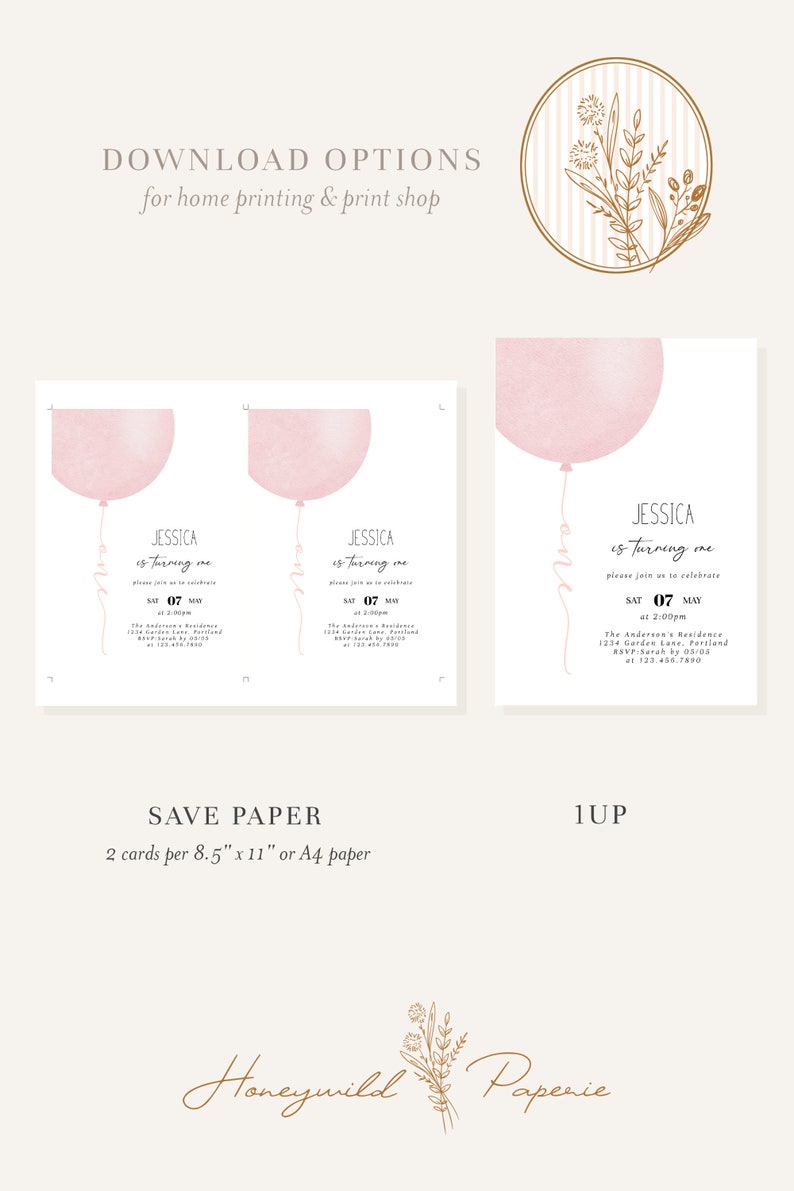 Pastel Pink Balloon Baby Girl 1st Birthday Invitation, Minimalist Girl 1st Birthday Invitation, Baby Pink 1st Birthday, Fully EditableR15 image 6