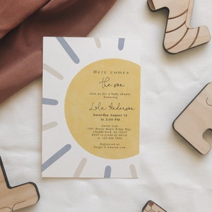 Here Comes The Son, Boy Sunshine Baby Shower Invitation, Blue Beige and Yellow Little Sunshine Baby Shower Invite, Fully Editable#Y230