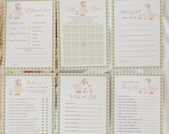 Silly Goose Baby Shower Games Bundle, Sage Green Gingham Baby Shower Games, Gender Neutral Goose Shower Games#YB5