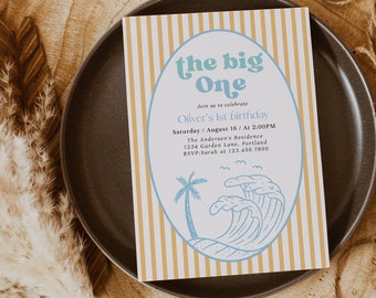 Big One Birthday Invitation | Boy 1st Birthday Invite | Editable Summer Surf Beach Birthday Theme | It's The Big One Birthday#SU7