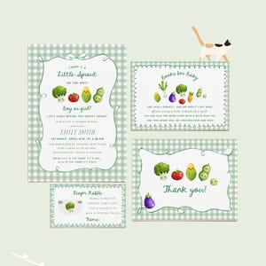 Little Sprout Gender Reveal Bundle - Farmers Market Veggie-Thema, bearbeitbare Einladung, Buchanfrage, Windelverlosung und Dankeskarte # YD3