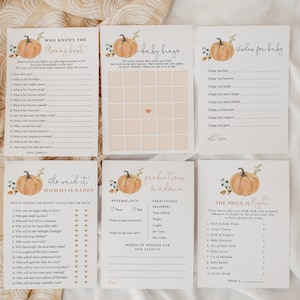 Peut inclure: Un ensemble de jeux de baby shower imprimables sur le thème de la citrouille. Les jeux comprennent "Qui connaît le mieux la maman", "Baby Bingo", "Qui a dit ça", "Prédictions et conseils", et "Le prix est juste".