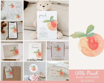 May include: A baby shower invitation bundle with a peach theme. The bundle includes a variety of printable items, such as invitations, thank you cards, and favor tags. The peach illustrations are watercolor style and feature a peach with green leaves. The text on the invitation reads "A Little Peach is on the Way".
