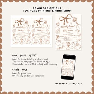 May include: A digital baby shower invitation with a rustic design. The invitation features illustrations of pumpkins, flowers, and a bow. The text reads "Locally Grown Baby Shower" and includes the name Olivia Bennett.