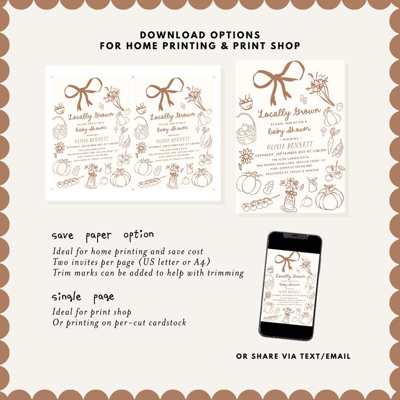 May include: A digital baby shower invitation with a rustic design. The invitation features illustrations of pumpkins, flowers, and a bow. The text reads "Locally Grown Baby Shower" and includes the name Olivia Bennett.
