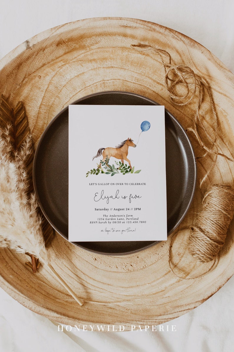 Simple Greenery Little Horse Birthday Invitation, Gallop on Over, Horse Birthday Party Invitation, Farm Birthday Invite, Fully EditableA9 image 1