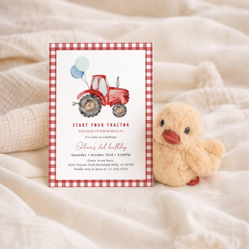 Red tractor 2nd birthday invitation for a boy farm birthday party, featuring a watercolor tractor, balloons, red gingham, and “Start Your Tractor” wording. Perfect for second birthday boys, barnyard parties, farm themes, and tractor-loving toddlers. Instant Access, simple to customize.