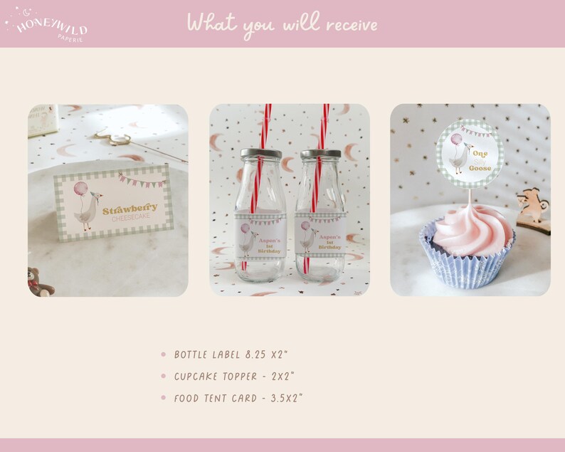 One Silly Goose Birthday Bundle, editable pink goose-themed 1st birthday invitation and décor set for a girl's first birthday.
