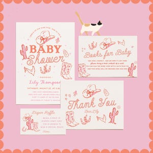 Cowgirl-Babyparty-Paket | Hand gezeichnet rosa Western | Editierbare Cowgirl Baby Einladung, Buch Anfrage, Windel Verlosung & Danke Karte#YF1