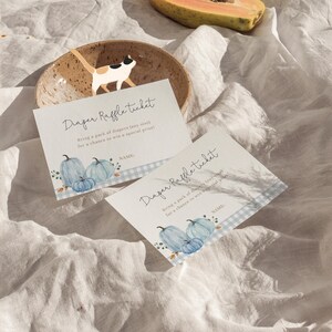 Blue Gingham Baby Shower Invitation Set with watercolor blue pumpkins, classic blue gingham pattern, and minimalist fall styling. Includes invitation, Books for Baby card, Diaper Raffle ticket, and Thank You Card. Perfect for boy fall baby showers, little pumpkin themes, harvest celebrations, and baby boy events.