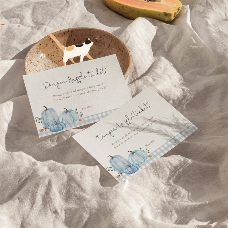Blue Gingham Baby Shower Invitation Set with watercolor blue pumpkins, classic blue gingham pattern, and minimalist fall styling. Includes invitation, Books for Baby card, Diaper Raffle ticket, and Thank You Card. Perfect for boy fall baby showers, little pumpkin themes, harvest celebrations, and baby boy events.