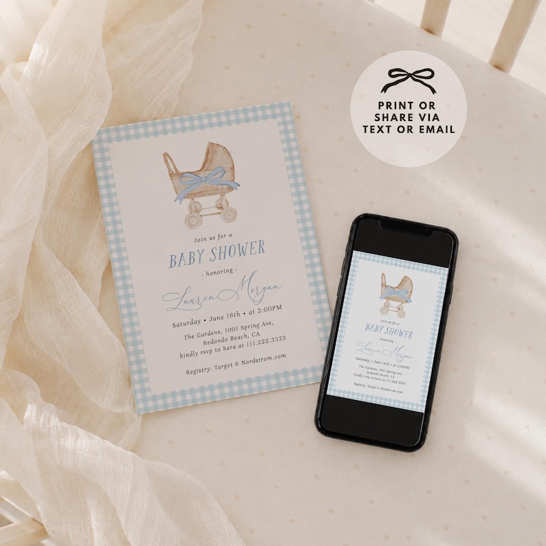 Blue gingham baby shower invitation set featuring a vintage baby carriage illustration, soft baby boy colors, and classic traditional styling. Editable baby shower bundle with coordinated invitation, books for baby card, diaper raffle ticket, and thank you card for an elegant and timeless celebration.