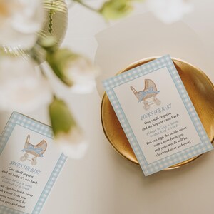 Blue gingham baby shower invitation set featuring a vintage baby carriage illustration, soft baby boy colors, and classic traditional styling. Editable baby shower bundle with coordinated invitation, books for baby card, diaper raffle ticket, and thank you card for an elegant and timeless celebration.