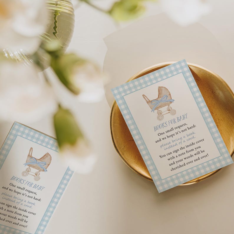 Blue gingham baby shower invitation set featuring a vintage baby carriage illustration, soft baby boy colors, and classic traditional styling. Editable baby shower bundle with coordinated invitation, books for baby card, diaper raffle ticket, and thank you card for an elegant and timeless celebration.