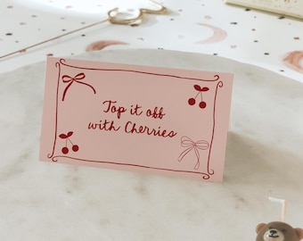 Editable Cherry Food Tent Template - Cherry on Top Party Place Cards - Buffet Dish Name Cards | Hand Drawn Coquette Ribbon Bow Cherries#VB3