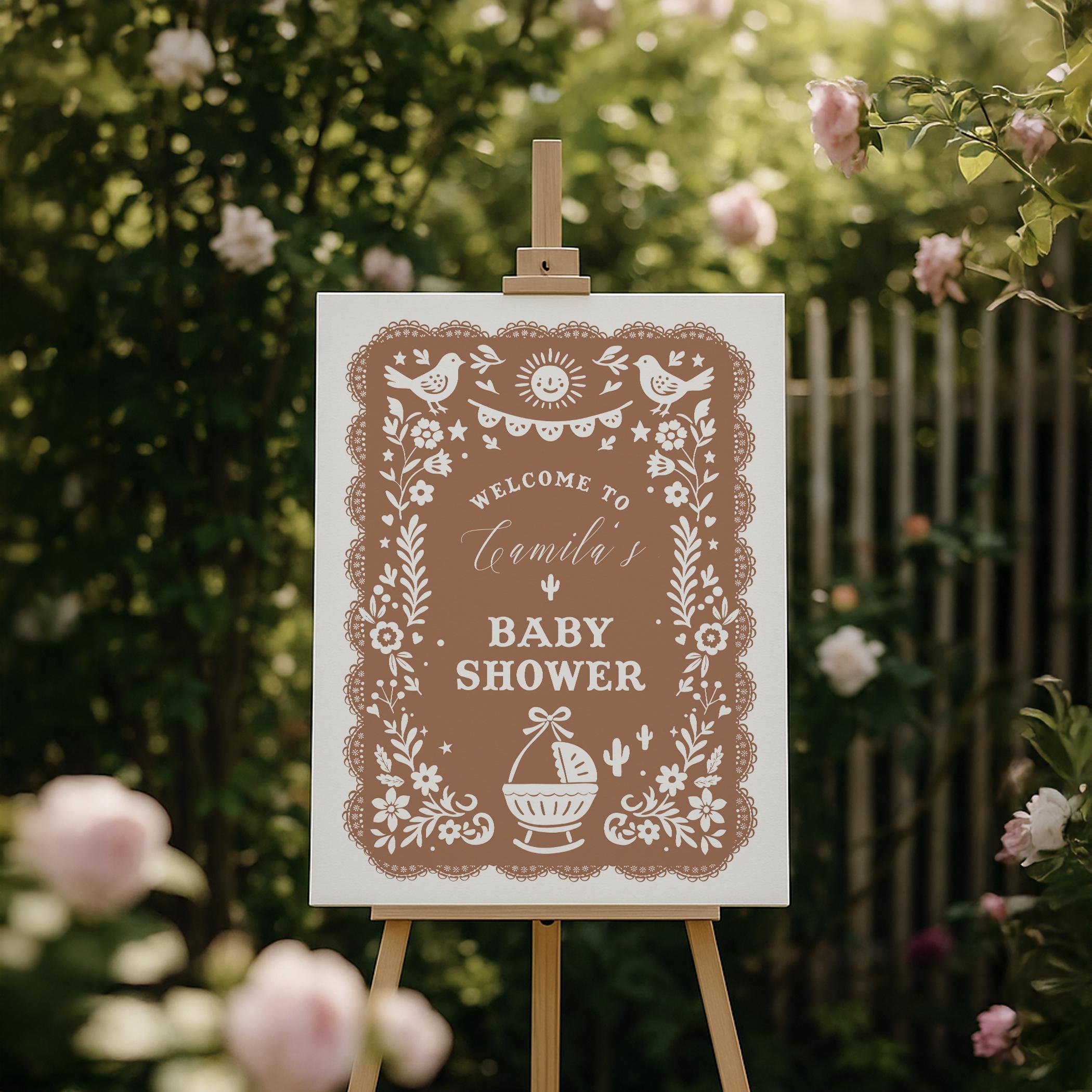 Cartaz de boas-vindas editável de terracota Cielito Lindo Papel Picado - Boho Mexican Fiesta Decor - Marrom Gênero Neutro Sinal de Chá de Bebê # YH4