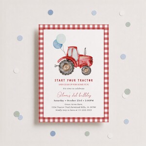 Red tractor 2nd birthday invitation for a boy farm birthday party, featuring a watercolor tractor, balloons, red gingham, and “Start Your Tractor” wording. Perfect for second birthday boys, barnyard parties, farm themes, and tractor-loving toddlers. Instant Access, simple to customize.