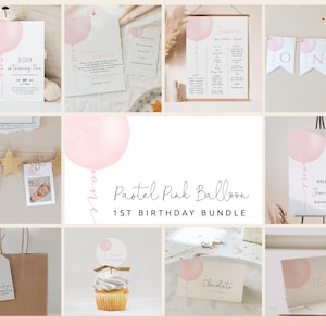 Pacchetto per il primo compleanno di una bambina / Tema minimalista con palloncini rosa / Inviti, traguardi e decorazioni modificabili / Set per il primo compleanno rosa pastello #YB2