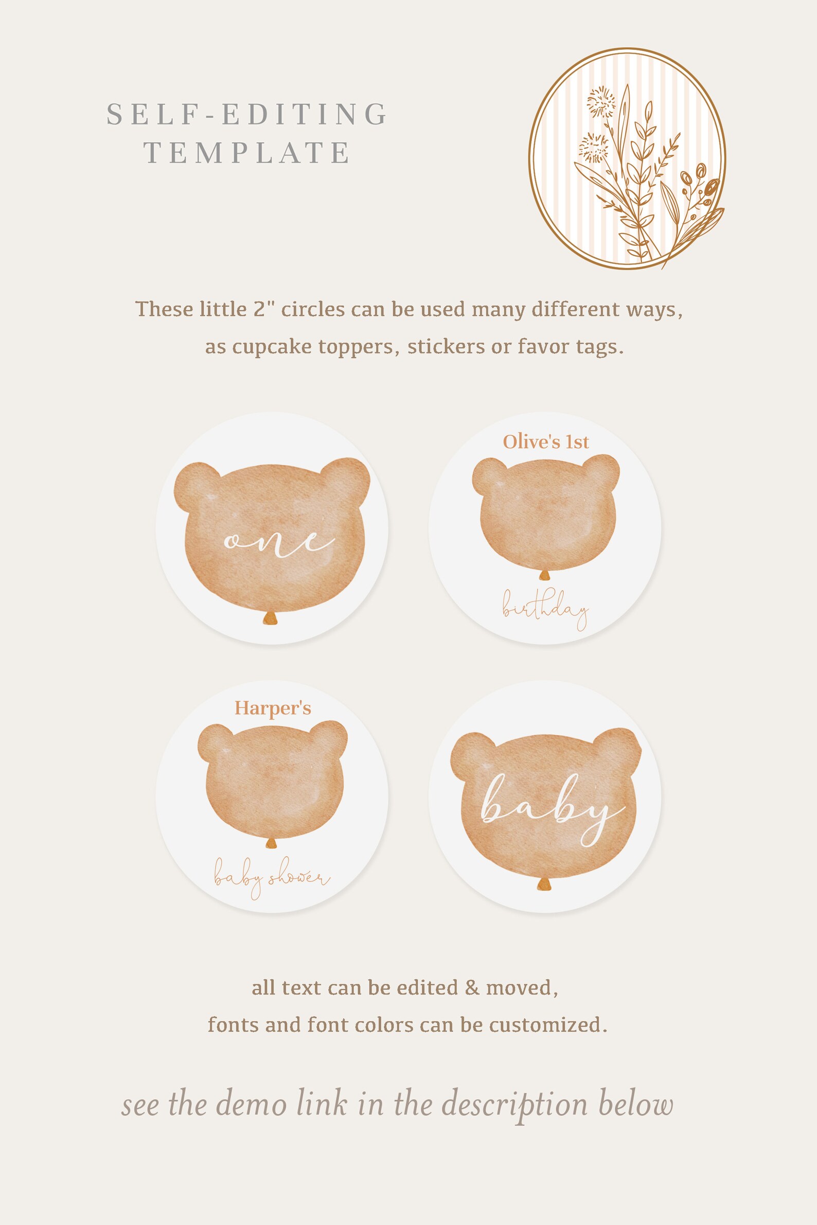 Editable Printable Teddy Bear Cupcake Toppers Brown Bear | Etsy