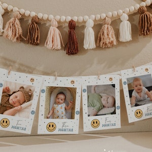 May include: A baby milestone banner with photos of a baby at different ages. The banner is decorated with stars, smiley faces, and the words "Two Months", "Three Months", and "Four Months".