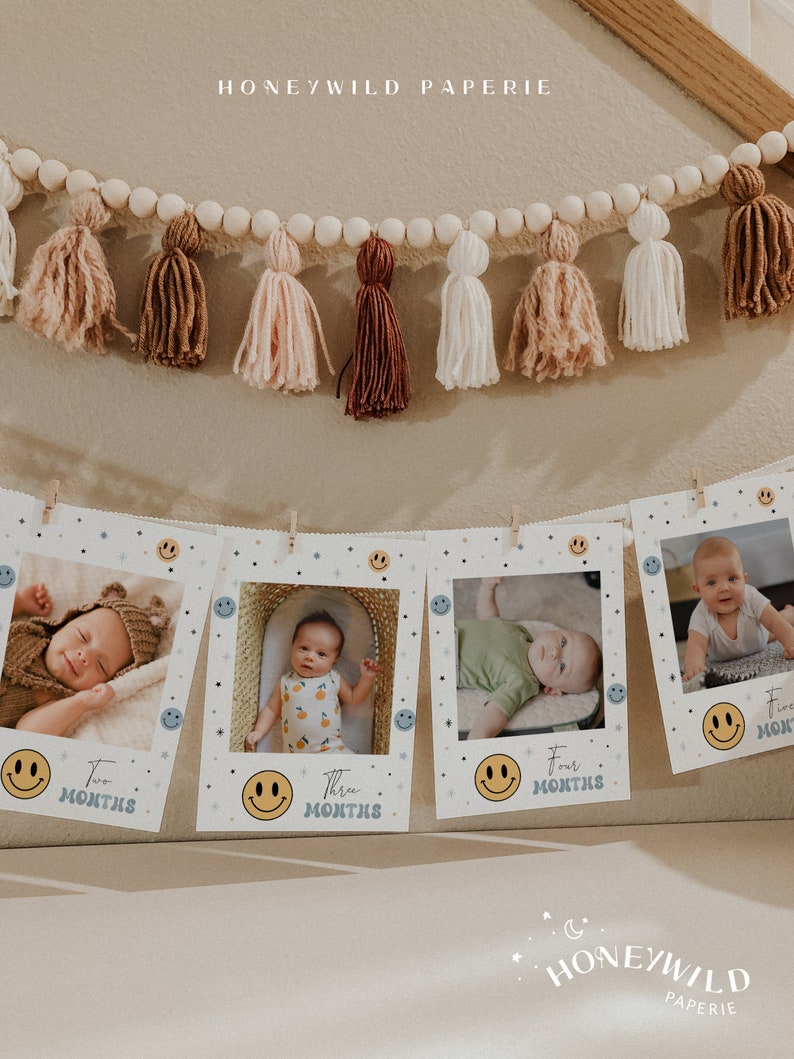 May include: A baby milestone banner with photos of a baby at different ages. The banner is decorated with stars, smiley faces, and the words "Two Months", "Three Months", and "Four Months".