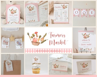 May include: A printable birthday party bundle with a farmer's market theme. The bundle includes invitations, food labels, a welcome sign, a banner, and thank you cards. The illustrations feature a basket of vegetables and fruit, with a pink and white gingham pattern.