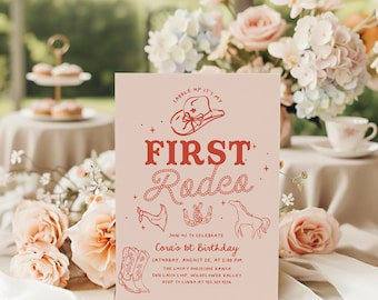 Invitación de cumpleaños para mi primer rodeo: primer cumpleaños de vaquera rosa. Invitación vintage editable del oeste n.° YE6