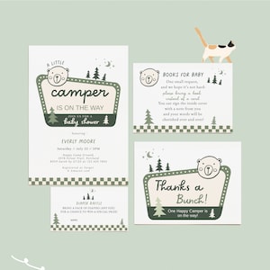 Babyshowerbundel Little Camper | Groen Nationaal Park-thema | Bewerkbare uitnodiging, boekverzoek, luierloterij en bedankkaarten#SU1