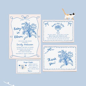 Ensemble douche bébé en fleurs - bouquet de fleurs fantaisiste dessiné à la main - invitation modifiable, demande de livre, tombola de couches et carte de remerciement # YD2