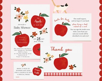 Apple Baby Shower Invitation Bundle - Editable Apple of Our Eye Set - Fall Baby Shower Invite, Book Request, Raffle, Thank You Card#FA1