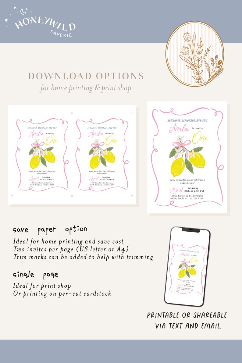 Sunshine Lemonade and Fun Birthday Invitation, Lemon Invitation, Girl Birthday Invite, Any Age • Fully Editable Template#SU0 image 6