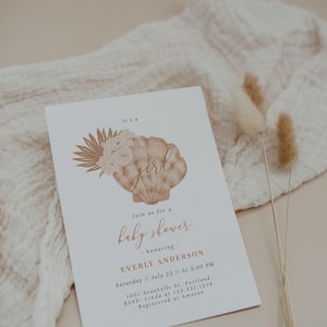 Boho Mermaid Baby Shower Invitation, Bohemian Beach Baby Shower Invitation, Burnt Orange Earthy Shell Baby Shower Invite, Fully Editable#SU5