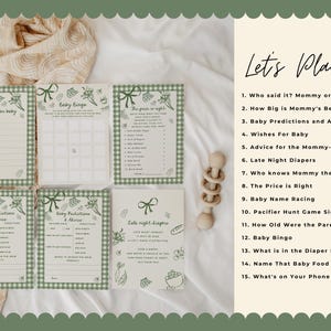 Complete Locally Grown baby shower bundle with matching invitations, games, books for baby cards, favor tags, welcome signs, and decor. Features green gingham patterns and hand drawn farmers market illustrations for garden, organic, and cottagecore themed baby shower celebrations.