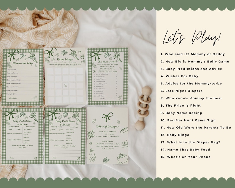 Complete Locally Grown baby shower bundle with matching invitations, games, books for baby cards, favor tags, welcome signs, and decor. Features green gingham patterns and hand drawn farmers market illustrations for garden, organic, and cottagecore themed baby shower celebrations.
