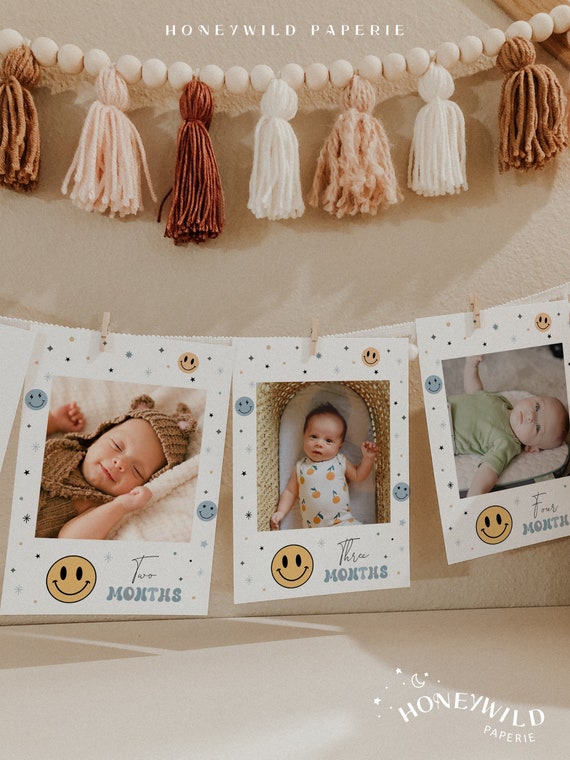 Modern Smiley Face 1st Birthday Monthly Photo Banner, One Happy Dude Boy 1st Birthday Banner, Baby's First Year Photos, Fully Editable#YC3