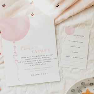 Tarjetas de mensaje y letrero de cápsula del tiempo del primer cumpleaños de niña / Tema de globo rosa pastel / Plantilla totalmente editable #YB2