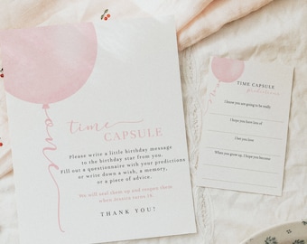 Girl 1st Birthday Time Capsule Sign and Message Cards | Pastel Pink Balloon Theme | Fully Editable Template#YB2