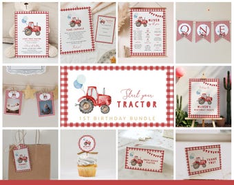 Editable Red Tractor 1st Birthday Bundle - Boy Farm Theme Party Set - Printable Boy 1st Birthday Decorations - Start Your Tractor#BO4