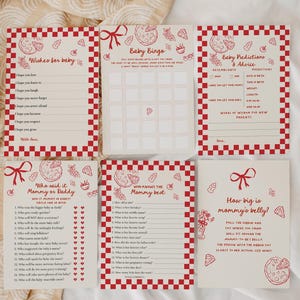 May include: A bundle of baby shower games with a red and white checkered pattern. The games include "Wishes for Baby", "Baby Bingo", "Baby Predictions & Advice", "Who said it Mommy or Daddy", "Who Knows the Mommy Best", and "How big is mommy's belly?"