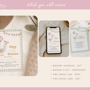 One Silly Goose Birthday Bundle, editable pink goose-themed 1st birthday invitation and décor set for a girl's first birthday.