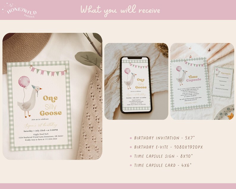 One Silly Goose Birthday Bundle, editable pink goose-themed 1st birthday invitation and décor set for a girl's first birthday.
