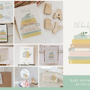 Gender Neutral Storybook Stack Baby Shower Bundle, Book Lover Baby Shower Invite, Games and Decor Set, Fully Editable Templates#Y227
